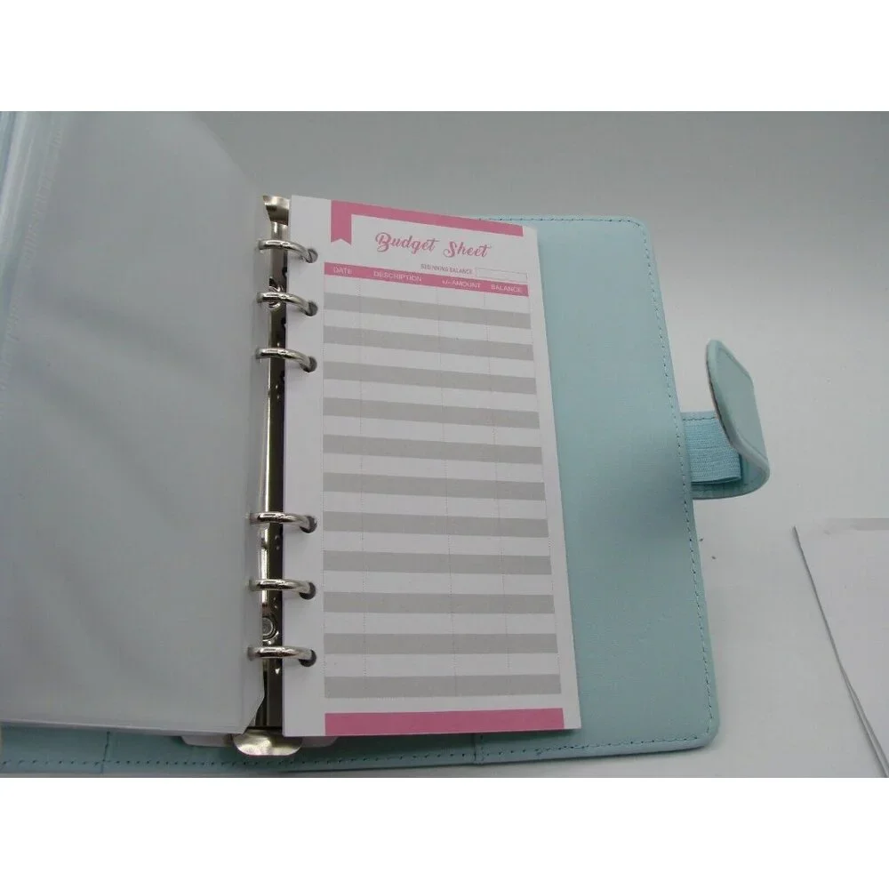 NEW Blue Leather 6 Ring Planner Organizer Zipper Envelope Budget Tab Stickers